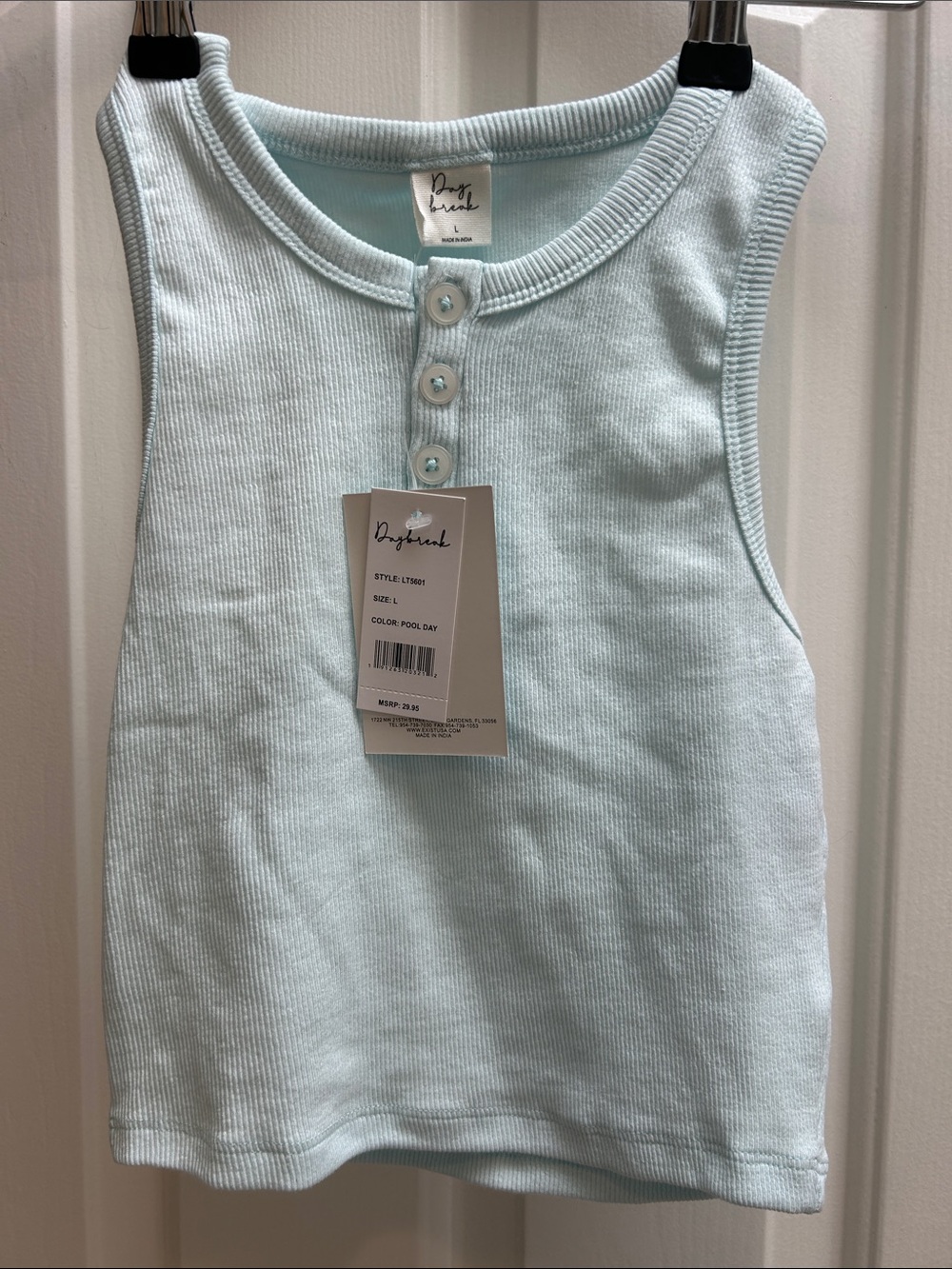 Ocean Drive Powder Blue Ribbed Henley Tank
